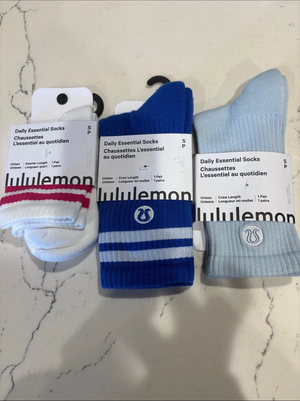 Set (3) lululemon Daily Essential Socks- Blue, Light Blue & White/Pink Small NWT